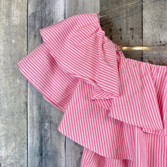 Lilly Pulitzer Trixie One Shoulder Ruffle Top Havana Pink Seersucker Size Medium - Picture 4 of 9